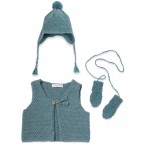 Gilet berger, moufles et bonnet tricot&eacute;s en laine et alpaga bleu p&eacute;trole