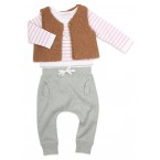 Camel baby sheperd vest made from wool and alpaca with wood buttons with grey jogging and pink stripes T-Shirts