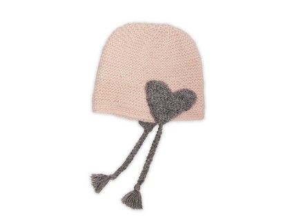 Bonnet  b&eacute;b&eacute; rose et gris en laine d'alpaga au point mousse