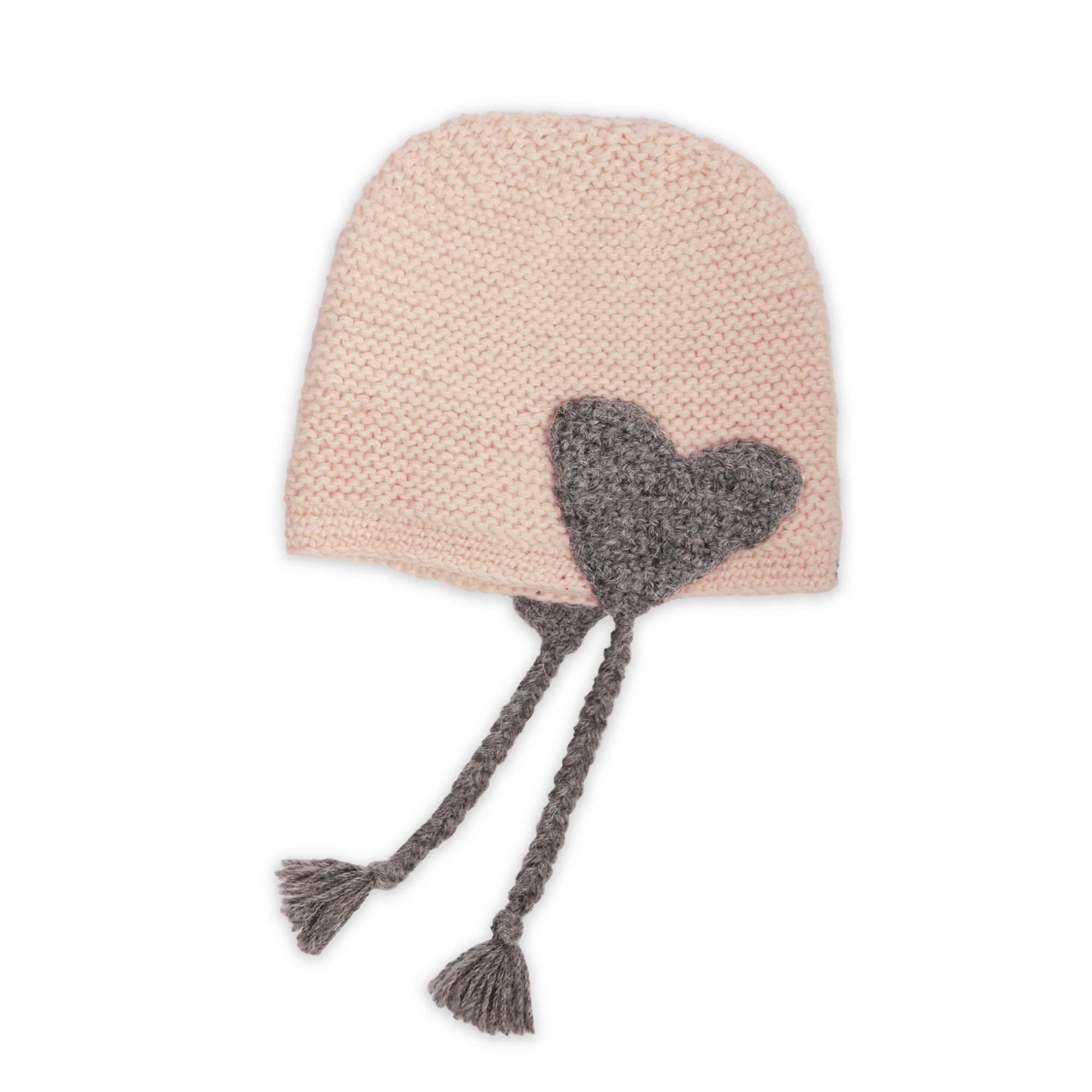 Bonnet bébé rose et gris en laine d\u0027alpaga au point mousse