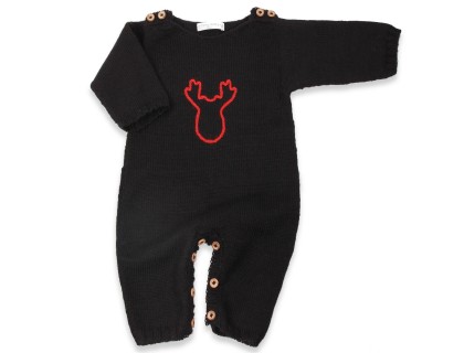 Black and red baby playsuit with wood buttons made from alpaca yarn