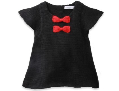 Robe b&eacute;b&eacute; fille noire avec noeuds rouge en 100% laine d'alpaga