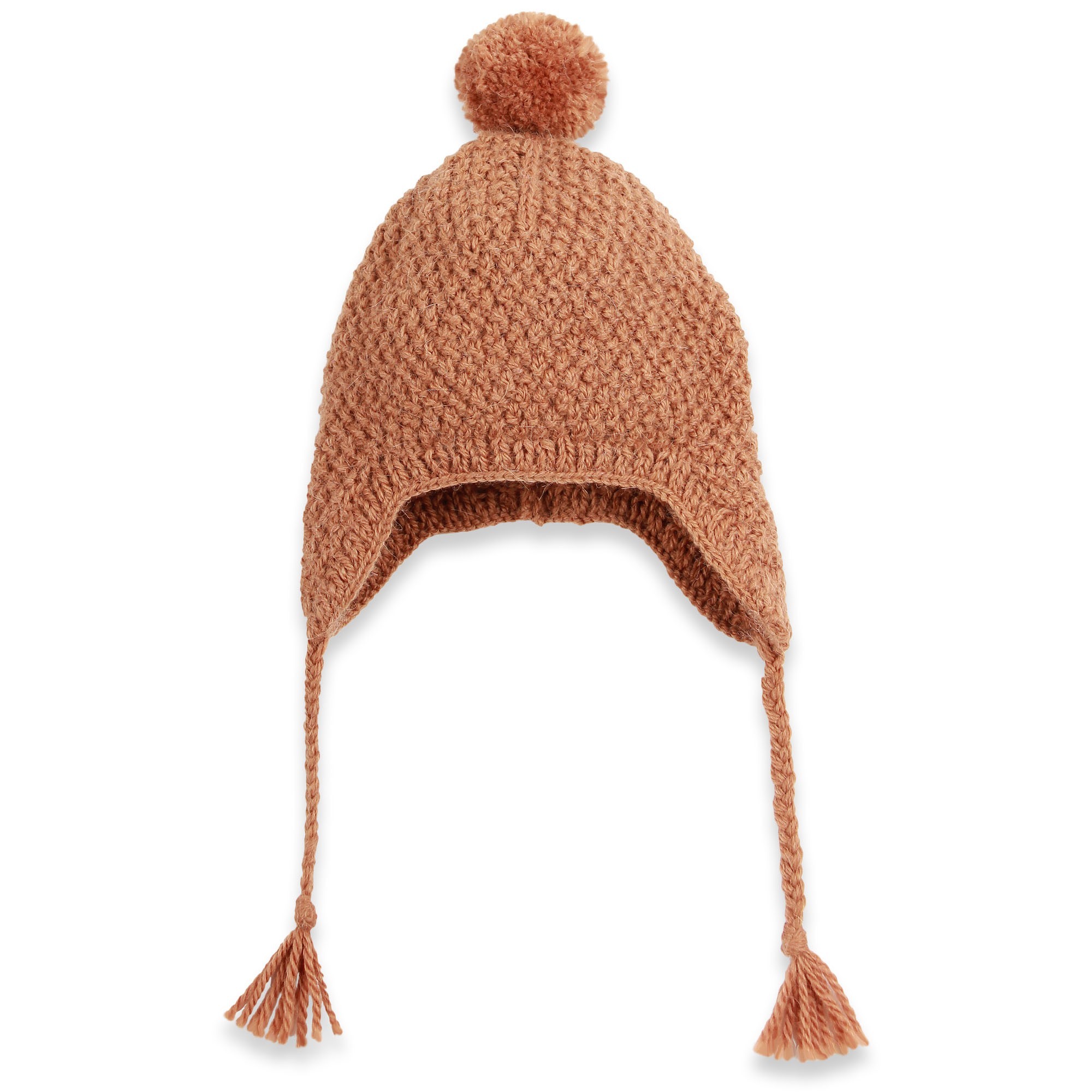 Bonnet bébé camel type péruvien en laine et alpaga tricoté au point de blé