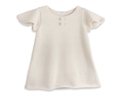 Baby Dress with short and butterfly shaped sleeves made from 100% alpaca natural white