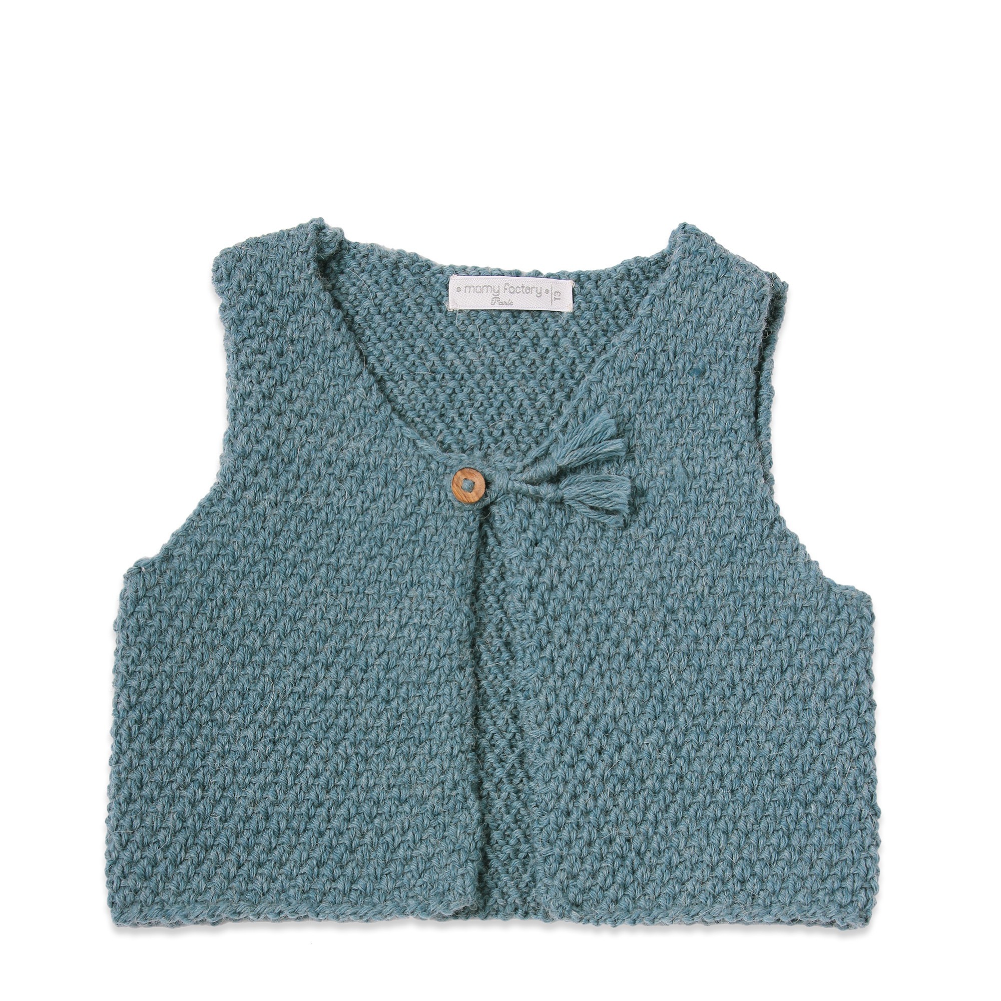 Grannys knitwear - Baby petrol blue sheperds vest cardigan, wood bu...