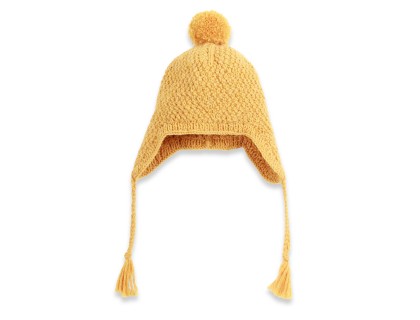 Bonnet b&eacute;b&eacute; jaune type p&eacute;ruvien en laine et alpaga tricot&eacute; au point de bl&eacute;