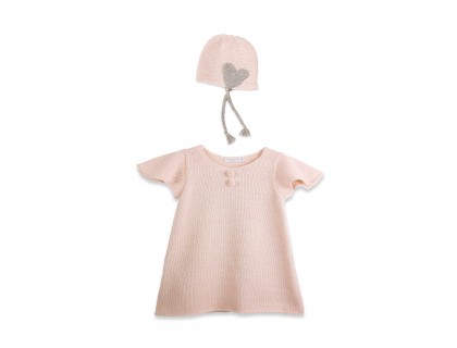Robe b&eacute;b&eacute; manches courtes papillon et bonnet en laine d'alpaga rose ballerine