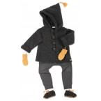 Manteau / veste b&eacute;b&eacute; gris fonc&eacute;, au point mousse, en laine et alpaga avec moufles, chaussons et jogging coton