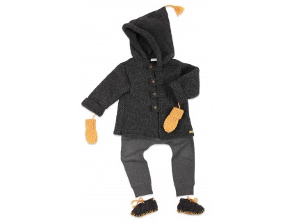 Manteau / veste b&eacute;b&eacute; gris fonc&eacute;, au point mousse, en laine et alpaga avec moufles, chaussons et jogging coton