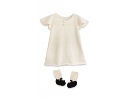 Robe b&eacute;b&eacute; manches courtes papillon et chaussons ballerines en laine d'alpaga &eacute;cru 