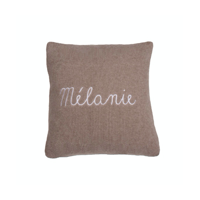 Coussin personnalisable châtaigne - broderie rose pâle