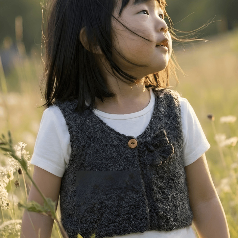 Dark grey baby cardigan shepherd made from wool and alpaca with olive wood button