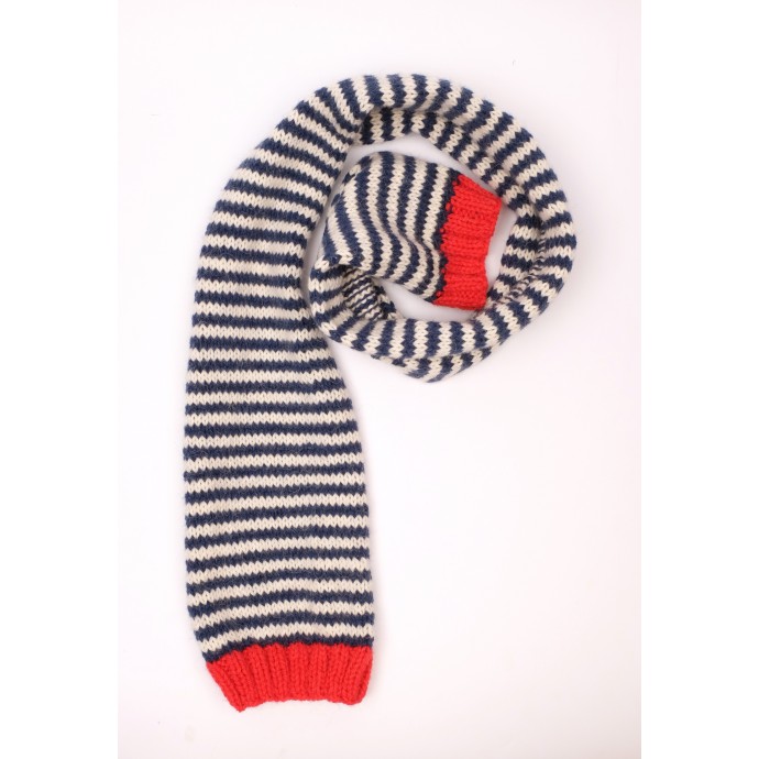 Navy blue and natural white Hubert scarf with red details