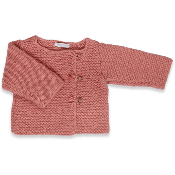 Old pink baby cardigan with wood buttons made from wool and mohair