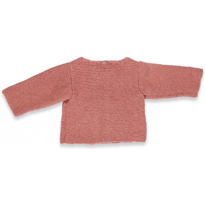 Old pink baby cardigan with wood buttons made from wool and mohair - back
