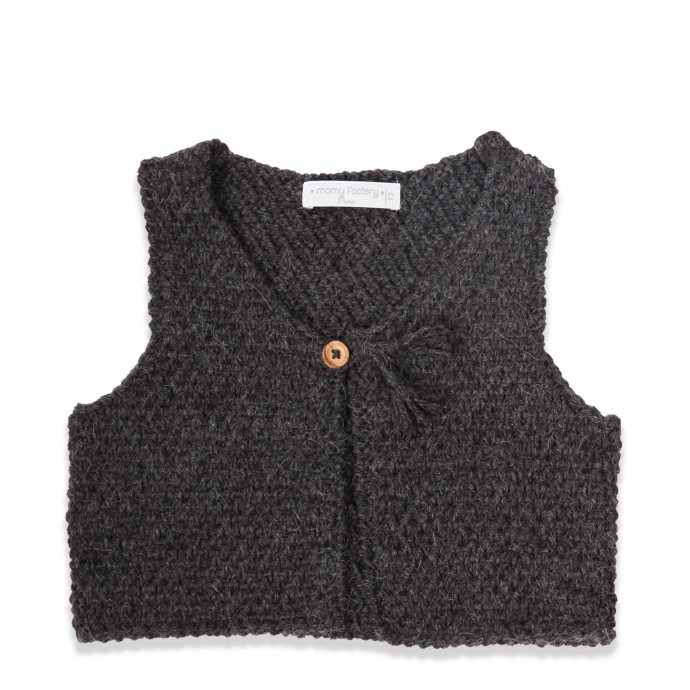 Gilet de berger bébé sans manche gris foncé en laine et alpaga avec bouton bois