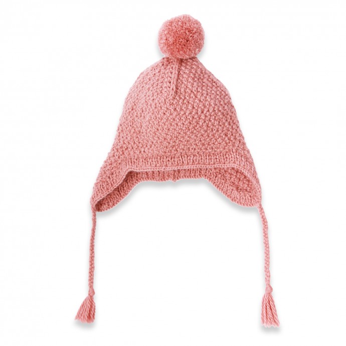 Bonnet bébé fille vieux rose type bonnet péruvien en laine et alpaga tricoté au point de blé avec pompon