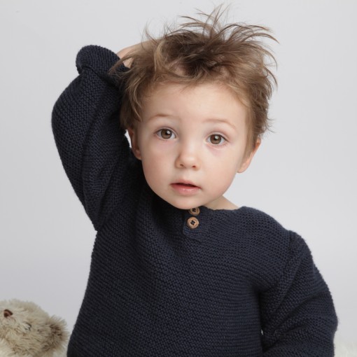 Taupe baby sweater knitted in moss stitches made from cotton and cachemire